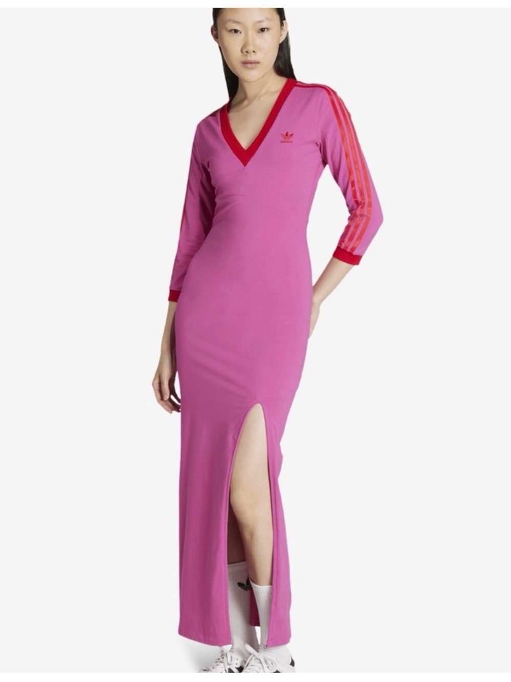 adidas Pink V‑Neck Maxi Dress with Red Trim and Side Slit